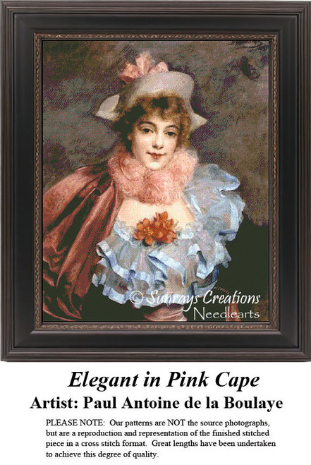 A young woman dressed in a frilly frock and pink cape is featured, yours to stitch as a counted cross stitch chart.