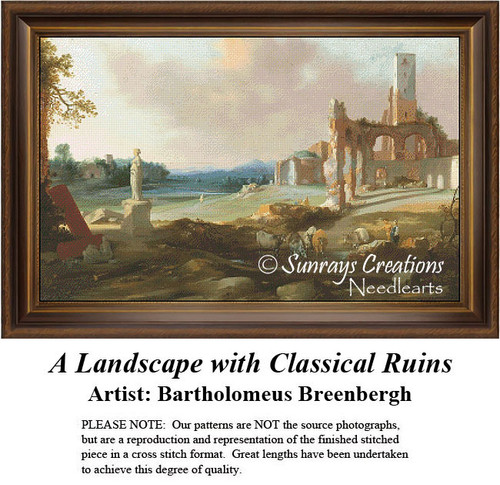 A serene Italian landscape with ancient ruins and figures, transformed into a counted cross stitch pattern by Bartholomeus Breenbergh.
