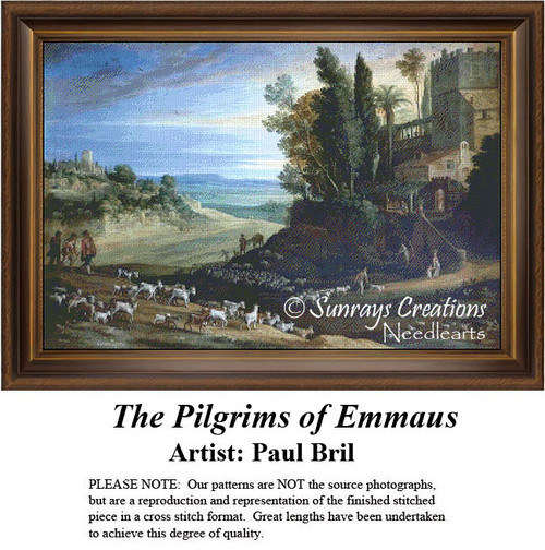 A serene landscape with hills and sheep, depicting The Pilgrims of Emmaus, created as a counted cross stitch pattern.