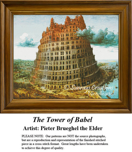 A towering structure, resembling the Tower of Babel, designed as a cross stitch chart, adapted from the work of Pieter Brueghel the Elder.