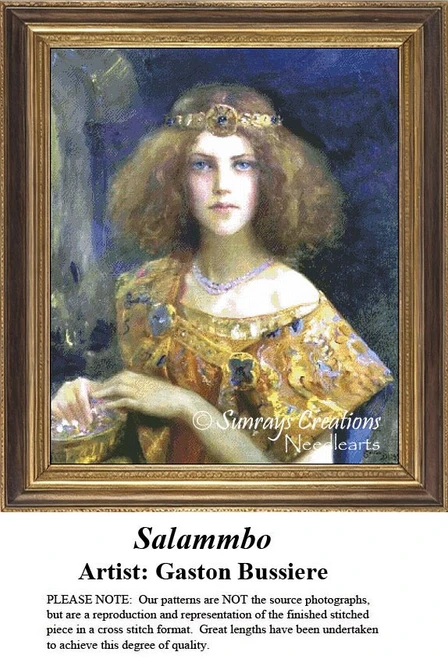 A young woman adorned in golden garments and jewelry gazes thoughtfully, illustrated in this xstitch design by Gaston Bussiere for Sunrays Creations.