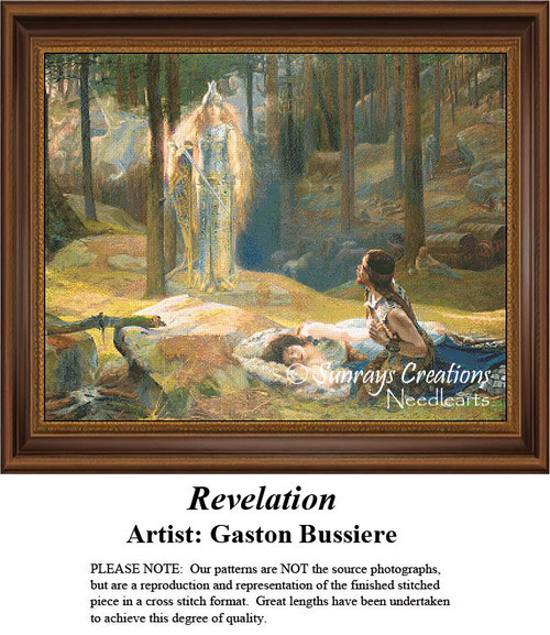 A heroic figure reveals herself to two characters lying on a blanket in a forest scene, designed by Gaston Bussiere as a PDF pattern.