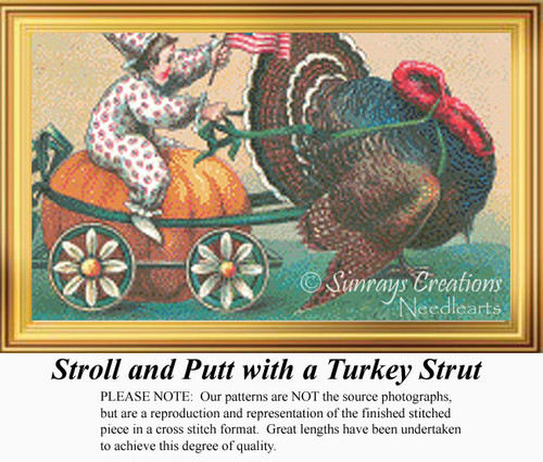 A child rides in a pumpkin carriage pulled by a proud turkey, frozen in time as a counted cross stitch pattern.