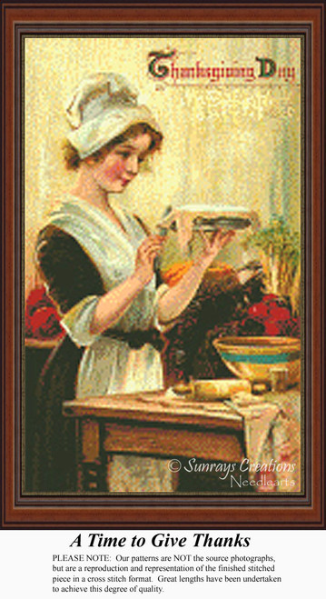 A woman in a kitchen trims the edges of a pumpkin pie, surrounded by ingredients, as seen in this digital pattern for Thanksgiving.