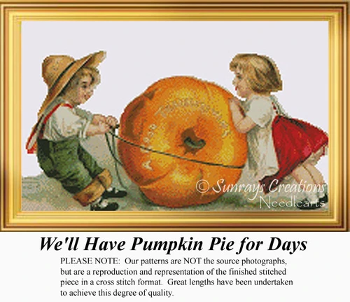 A brother and sister pull a large pumpkin home, ready for a pie, shown in a downloadable pattern ideal for holiday decor.