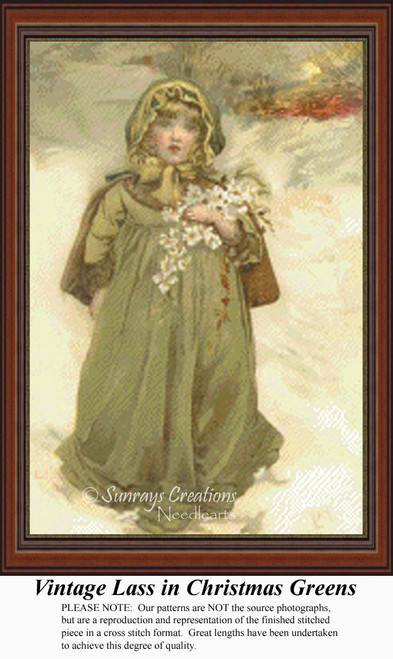 A young lass in an olive green hooded cape holds a spray of flowers in a snowy scene, designed as a large cross stitch pattern for your project.