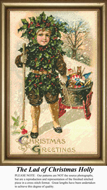 A lad covered in holly pulls a sleigh filled with gifts, shown in a large counted cross stitch pattern by Sunrays Creations.