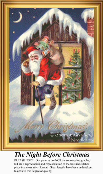 Santa Claus carefully balances on a snow-covered roof, peering into a window as he leaves gifts behind. It's featured as a counted cross stitch chart.