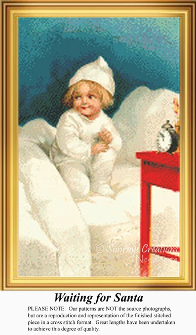 A little girl in pajamas sits up in bed, wide-eyed and waiting for Santa, captured as a counted cross stitch pattern.