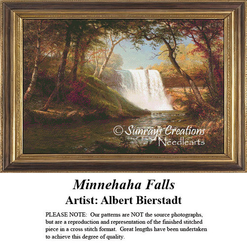 A scenic waterfall surrounded by trees and foliage, transformed into a counted cross stitch pattern by artist Albert Bierstadt.