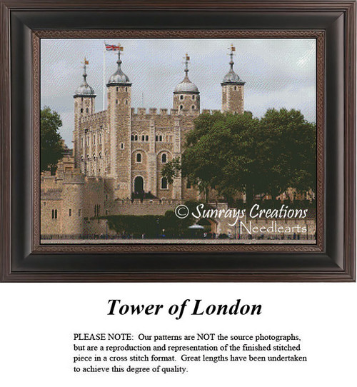 The Tower of London stands majestically with its stone walls and turrets against a backdrop of lush greenery, available as a downloadable pattern by