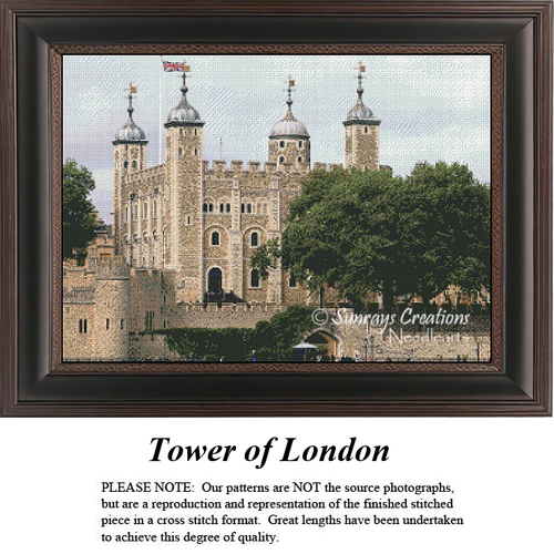 A detailed counted cross-stitch pattern preview of the fine art photograph, "Tower of London." The architectural landscape design features the historic White Tower rising behind stone fortress walls and green trees under a clear, soft sky.