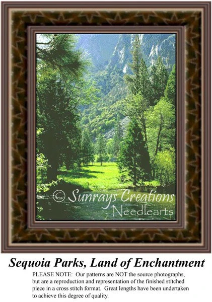 A serene landscape with towering pines and rugged mountains under sunny skies, this large cross stitch pattern invites you into Sequoia Parks.