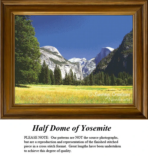 A detailed counted cross-stitch pattern preview of the fine art landscape, "Half Dome of Yosemite." The wilderness design depicts the iconic granite face of Half Dome rising above a sunlit yellow meadow and pine trees under a brilliant blue sky.