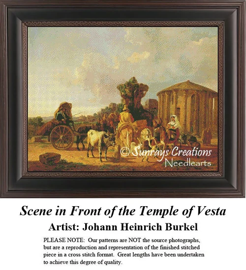 A scene outside the Temple of Vesta with people and animals gathered, designed as a counted cross stitch pattern by Johann Heinrich Burkel.
