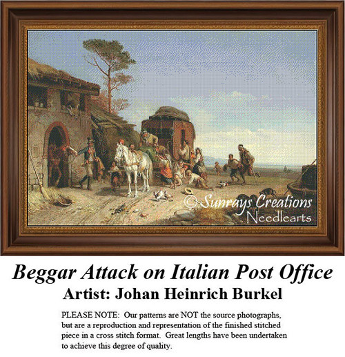 A chaotic scene unfolds as a group of beggars confronts post office staff, brought to life as a counted cross stitch pattern.