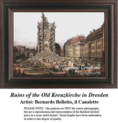 The ruins of a tall, crumbling church tower and surrounding buildings are translated into a counted cross stitch design by Bernardo Bellotto.