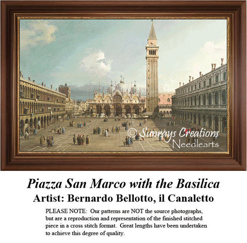 A grand view of Piazza San Marco with its towering bell tower and basilica, arranged as a counted cross stitch design by Bernardo Bellotto.