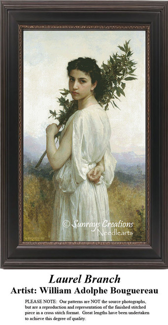 A young woman stands in a field, holding a laurel branch over her shoulder, reimagined as a counted cross stitch pattern.