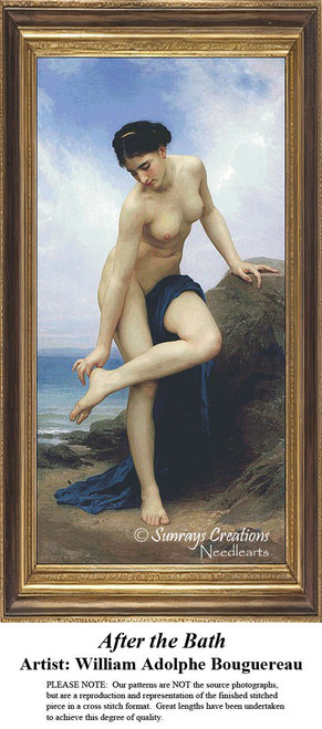 A tall woman drying off by the ocean, leaning on a boulder, designed as a digital pattern from the artwork of William Adolphe Bouguereau.