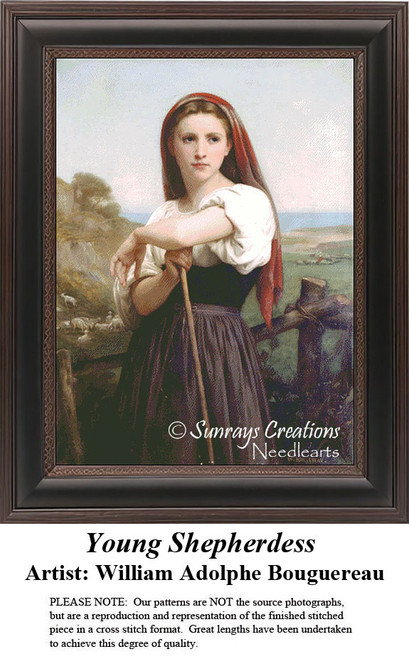 A young girl in a peasant dress holds a staff by a rustic fence, designed as a printable pattern from an artwork by William Adolphe Bouguereau.