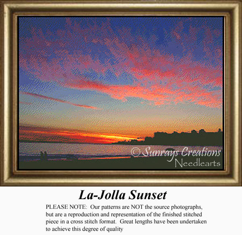 A vivid sky at sunset over La Jolla, displaying colors of blue, scarlet, orange, and gold, perfect for a BAP cross stitch project.