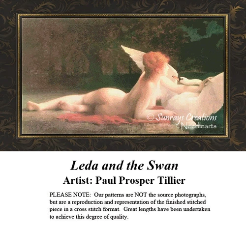 A detailed counted cross-stitch pattern preview of Paul Prosper Tillier's painting, "Leda and the Swan." The French Academic Realist design depicts the classical mythological scene with smooth figure modeling and soft atmospheric lighting, capturing sensual harmony.