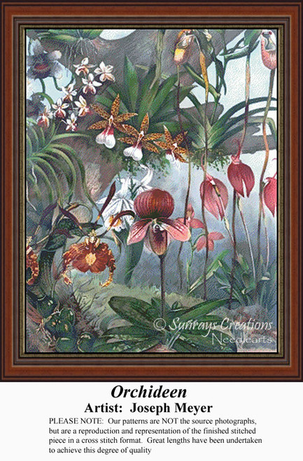 A vibrant collection of maroon orchids and exotic plants, designed as an xstitch chart by Joseph Meyer, offered by Sunrays Creations.