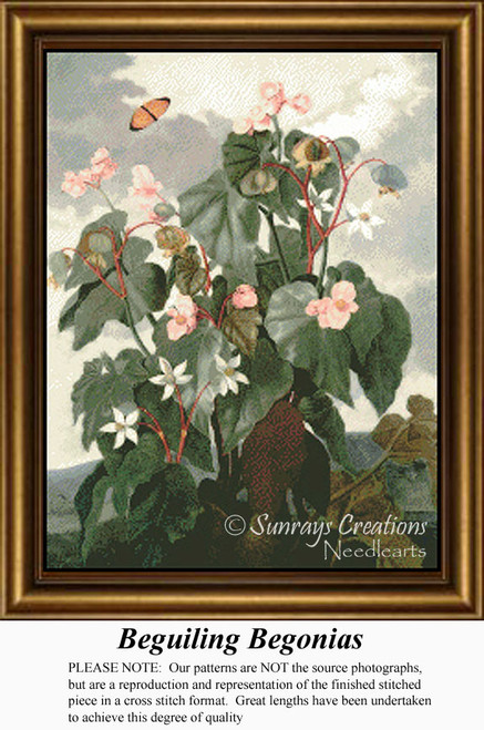 A colorful PDF pattern of begonia flowers with light pink blossoms and large green leaves, accompanied by a butterfly against a soft sky backdrop.