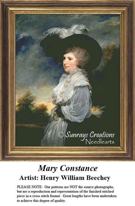 A woman in a light blue dress with a white ruffled collar, wearing a large hat, from the painting by Henry William Beechey; available as a PDF chart.