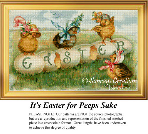 Four baby chicks in festive hats sit atop eggs spelling "EASTER," designed as a counted cross stitch pattern, perfect for your next cross stitch.