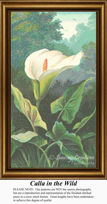A large white calla lily stands prominently in a lush green background, created as a detailed cross stitch kit for floral enthusiasts.