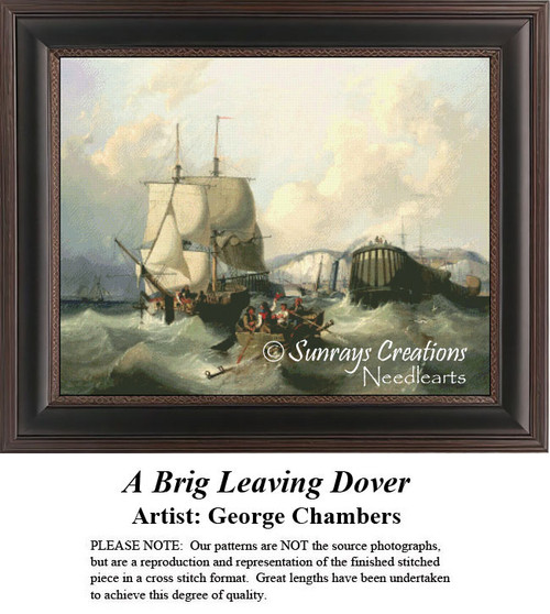 A brig sails through choppy waters, with cliffs of Dover in the background, in this PDF chart based on George Chambers' maritime painting.