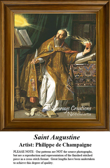 Saint Augustine, holding a flaming heart and gazing at divine light, immortalized as a counted cross stitch pattern by Philippe de Champaigne.