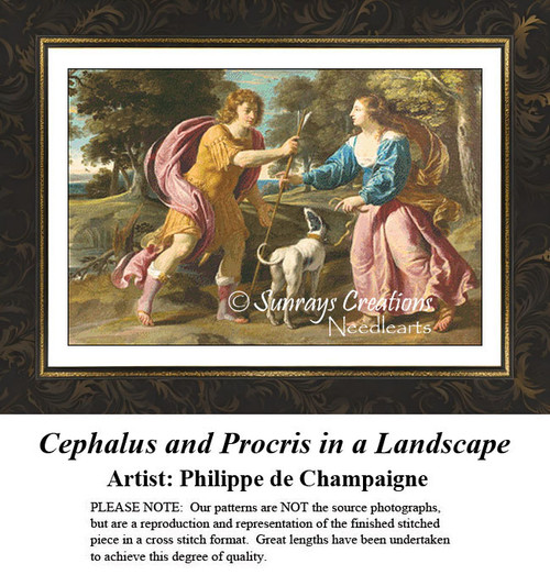 Two figures stand in a lush landscape, one holding a spear and the other gestures with a dog nearby, arranged as a counted cross stitch design.