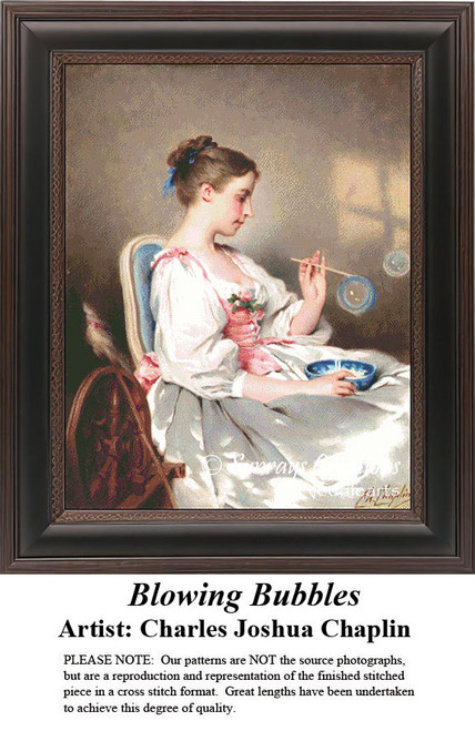 A young woman blows bubbles while sitting in a chair, reimagined as a counted cross stitch pattern by Charles Joshua Chaplin.