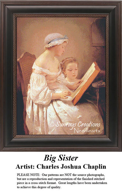 An older sister reads to her younger sibling, both illuminated by soft, warm light, in this cross stitch kit based on Charles Joshua Chaplin's art.