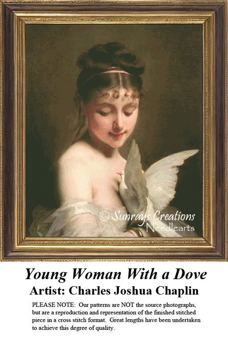 A young woman in a gossamer wrap holds a dove, reimagined as a counted cross stitch pattern by artist Charles Joshua Chaplin.