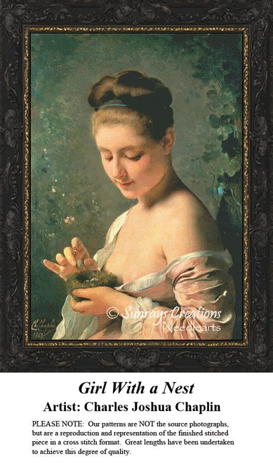 A young woman holds a bird's nest containing aqua-colored eggs, designed as a PDF chart from the artwork of Charles Joshua Chaplin.