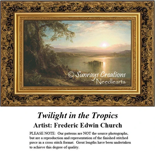 A serene landscape with mountains at sunset is designed as a counted cross stitch pattern by Frederic Edwin Church, reflecting light on still water.