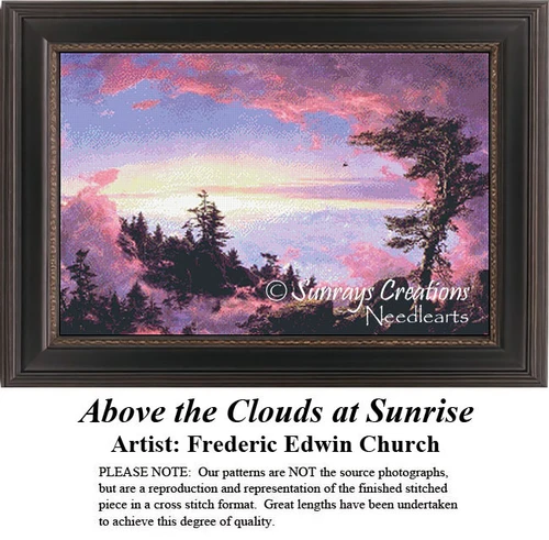 A serene mountainscape with dusky rose hues and a golden sunset, this counted cross stitch design is based on Frederic Edwin Church's artwork.