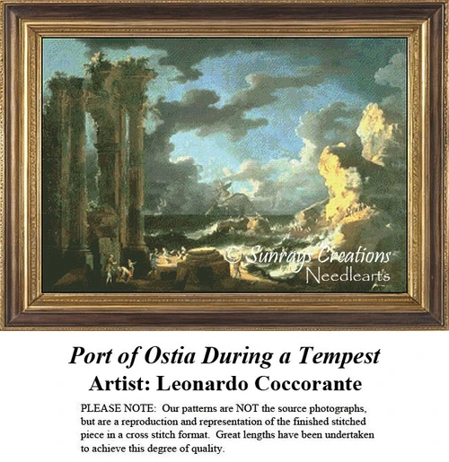 A stormy seascape with dark clouds, waves crashing, and figures at Port Ostia, designed as a counted cross stitch chart by Leonardo Coccorante.