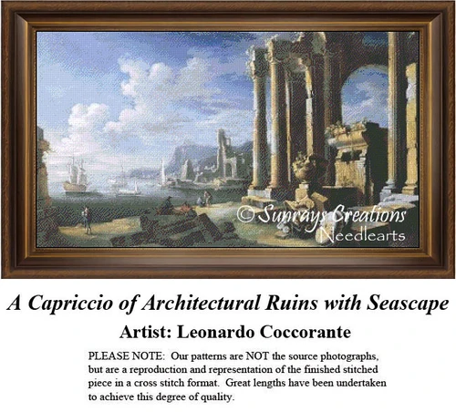 A landscape with monumental architectural ruins and ships at sea, framed as a counted cross stitch chart by artist Leonardo Coccorante.