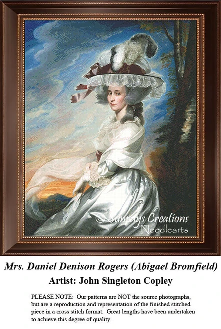 A woman in a wide-brimmed hat and elegant gown stands against a softly lit sky in this xstitch pattern by John Singleton Copley.