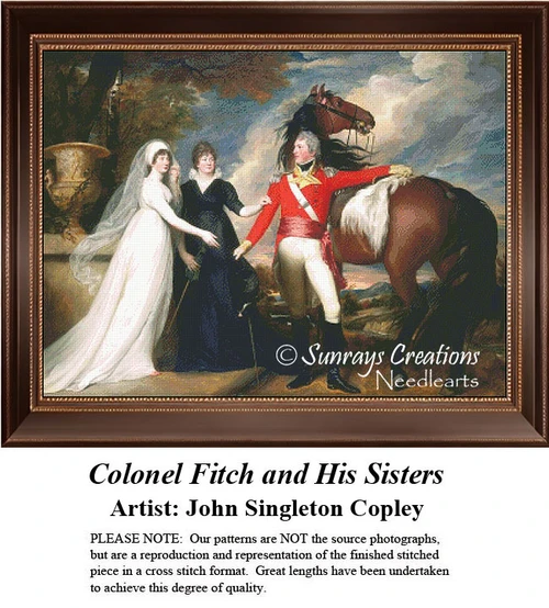 Colonel Fitch stands in army uniform beside his horse, engaging with his two sisters, immortalized as a counted cross stitch pattern.