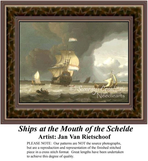Ships sail through a turbulent sea beneath a cloudy sky in Jan Van Rietschoof's artwork. This PDF pattern captures the essence of maritime landscapes.