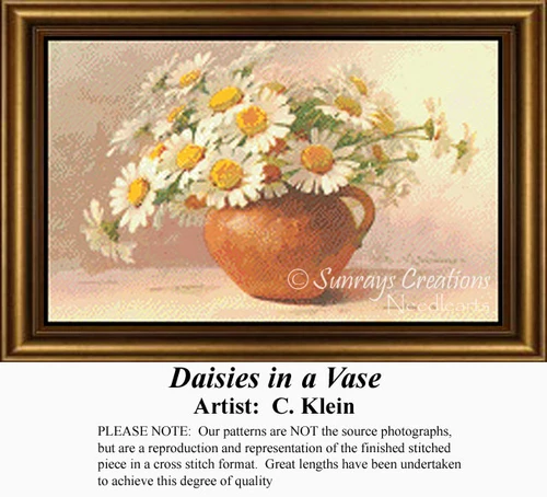 A vase filled with daisies stands against a soft, sunlit background of golden hues, designed as a BAP cross stitch pattern by C. Klein.