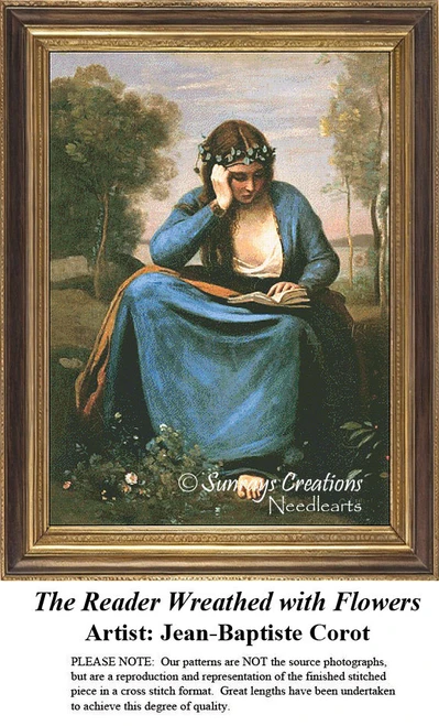 A young woman reads her book in a serene landscape, wearing a flower crown, designed as a cross stitch pattern by Jean-Baptiste Corot.