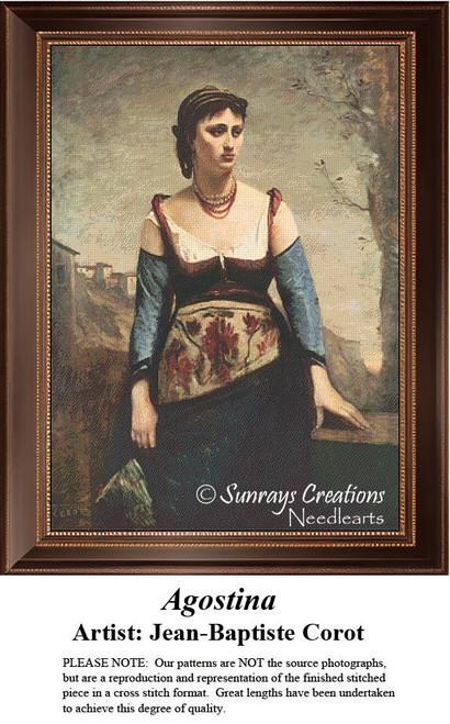 A young woman in traditional attire stands against an Italian landscape, rendered as a cross stitch design inspired by Jean-Baptiste Corot's work.