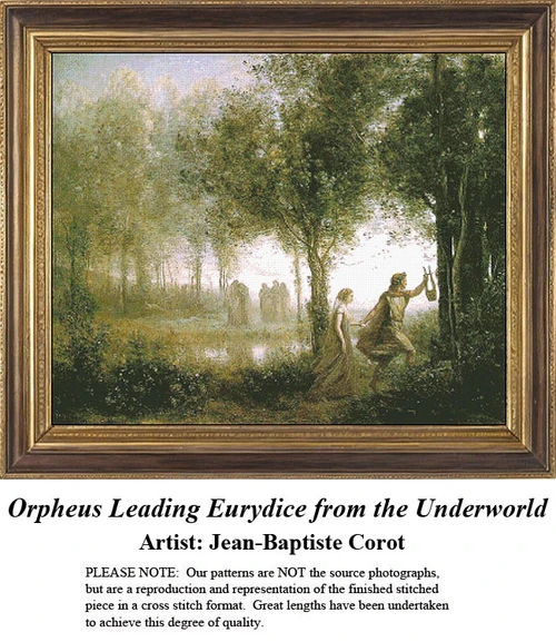 A serene scene of Orpheus leading Eurydice, designed as an xstitch pattern from Jean-Baptiste Corot's mythological painting, set in a lush landscape.